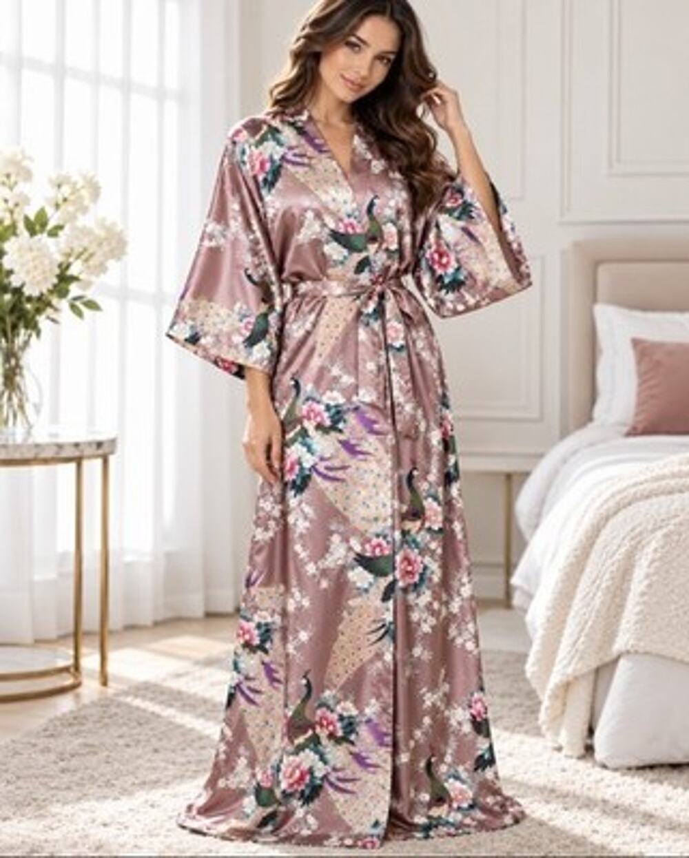 Kim + Ono Kimono Long Satin Robe Asian Boho Peacock Blossoms TieBelt Pink OS